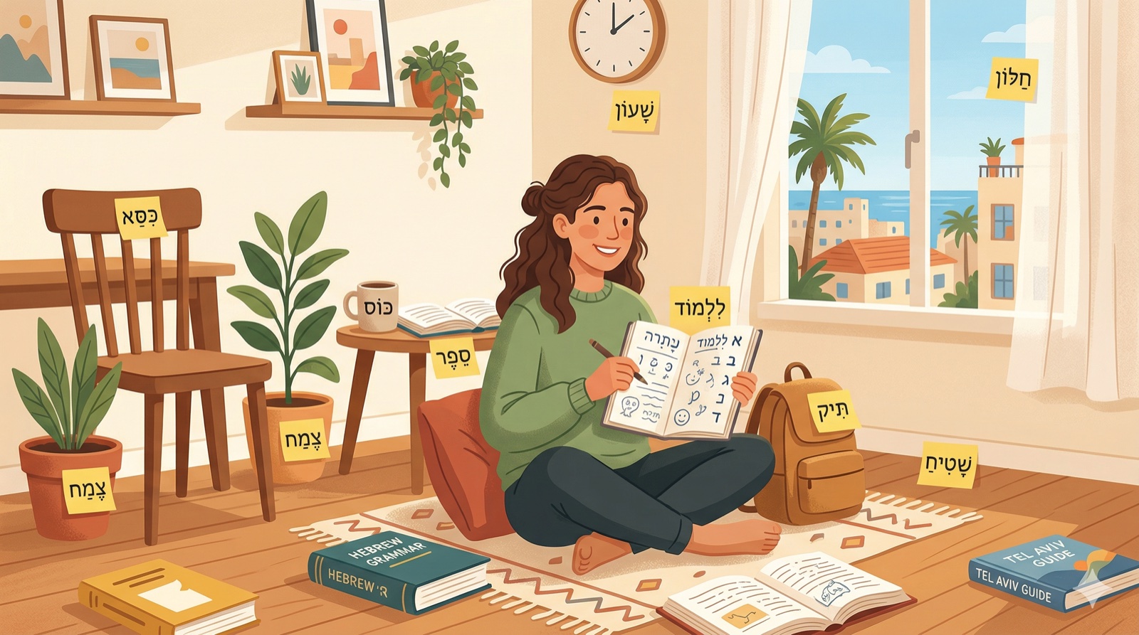 A young woman learning Hebrew in a sunlit Tel Aviv apartment, surrounded by everyday objects labeled with Hebrew sticky notes